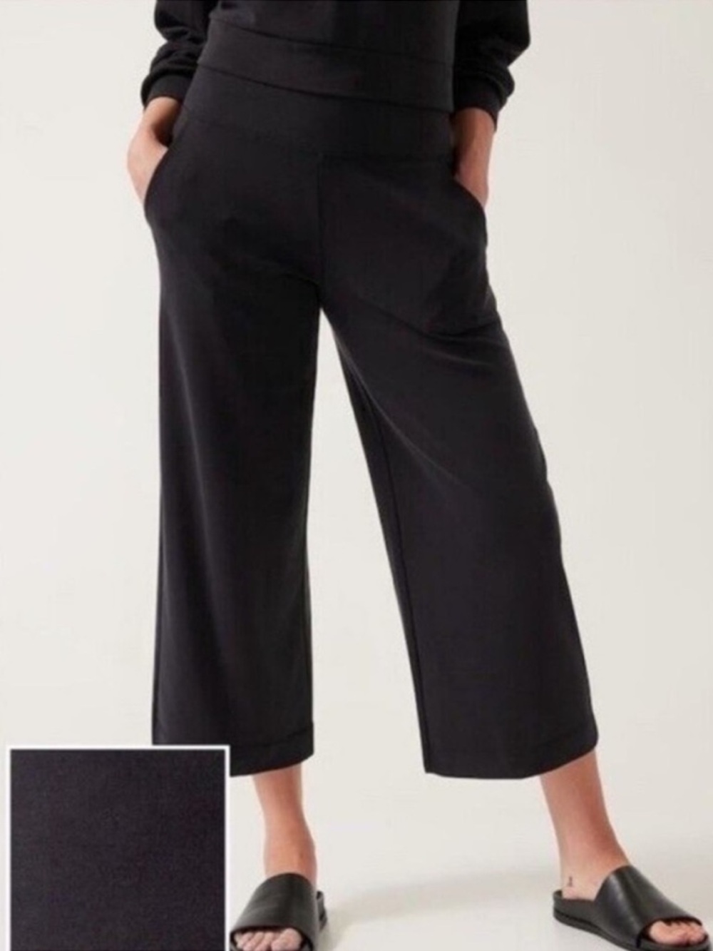 ATHLETA Seasoft Wide Crop Pant Black Size Large Tall Wide Leg Travel Pants Soft